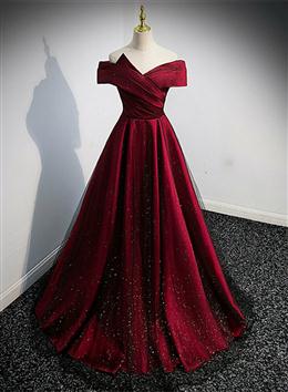 Picture of Black Color and Red Color Satin Off Shoulder Long Junior Prom Dresses, A-line Satin Party Dresses